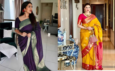 Bansari Textiles Printed, Self Design, Paisley, Woven, Embellished, Applique Kanjivaram Jacquard Saree(Pack of 2, Purple, Mustard)