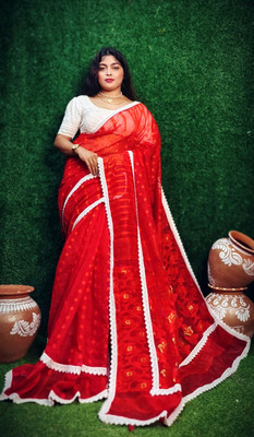 GulabiSaheba Self Design Jamdani Cotton Silk Saree(Red)