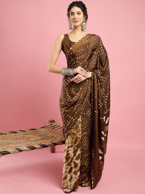 Sangria Printed Bandhani Crepe Saree(Brown)