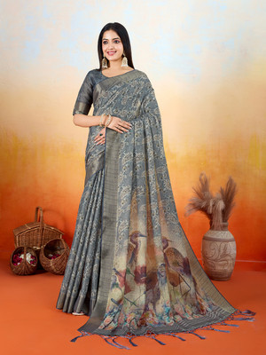 RekhaManiyar Printed Saree with Attached Blouse Silk Blend Saree(Grey)