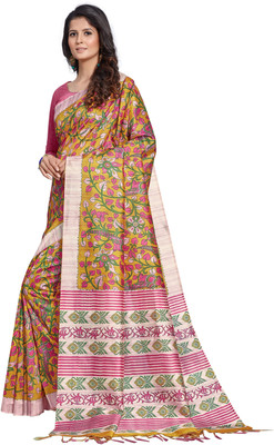 Tasrika Digital Print Hand Batik Silk Blend Saree(Yellow)
