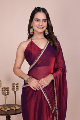 saanvi Solid/Plain, Embellished Bollywood Chiffon Saree(Red)