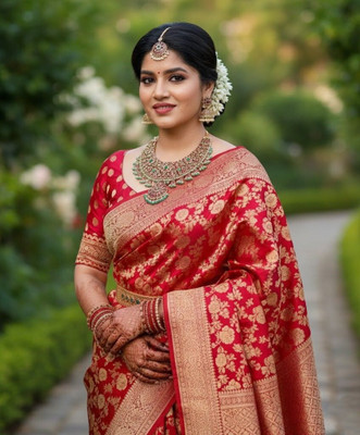CKDESIGNER Woven Banarasi Jacquard Saree(Red)