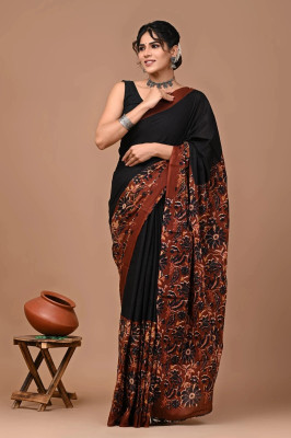 Threadier Blocked Printed Ikkat Pure Cotton Saree(Black)