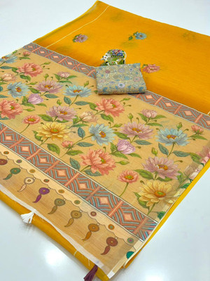 SDGRATITUDE Digital Print, Printed, Floral Print Daily Wear Cotton Linen, Linen Saree(Yellow)