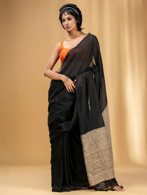 Maku Self Design, Solid/Plain Handloom Pure Cotton, Polyester Saree(Black)