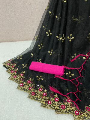 PATTARI Embroidered Bollywood Supernet Saree(Black)