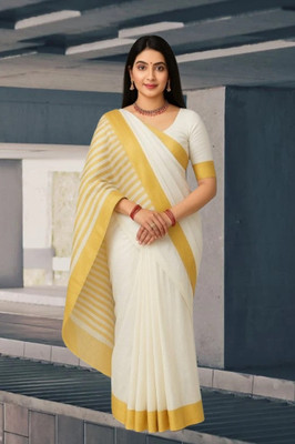 SHRISAREEESa Striped Bollywood Pure Cotton Saree(White)