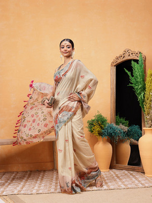 SILK ZONE Printed Chanderi Cotton Blend Saree(Beige)