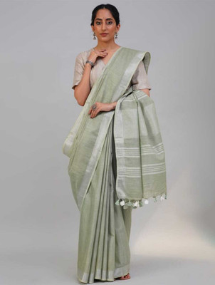 EthinicSpecial Woven Handloom Cotton Linen Saree(Light Green)