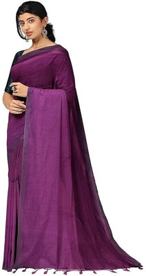 zayraa Solid/Plain Handloom Cotton Blend Saree(Purple)