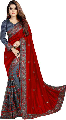 Bilvexy Embroidered Bollywood Net Saree(Red, Grey)