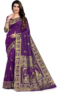 Rugli Woven Baluchari Art Silk, Silk Blend Saree(Purple)