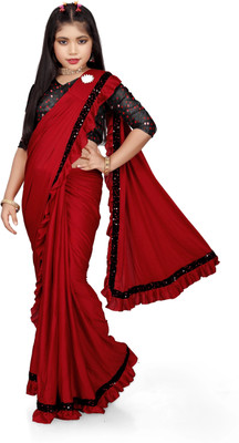 HouseOfCommon Embellished Bollywood Lycra Blend Saree(Maroon)