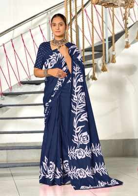 Vishal Corporation Floral Print Daily Wear Pure Cotton Saree(Dark Blue)