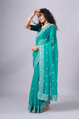 AVM SILK MILLS Solid/Plain Bollywood Net Saree(Blue)