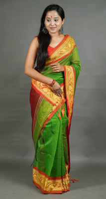 ANU INDIAN FASHION Woven, Temple Border Handloom Cotton Silk Saree(Light Green)