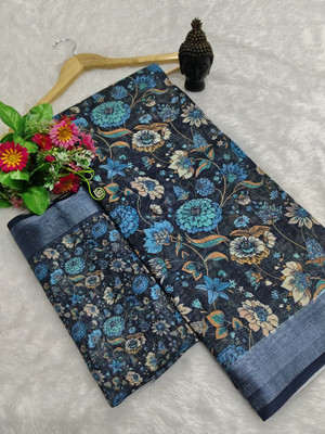 Gajal Printed Kanjivaram Pure Cotton, Cotton Linen Saree(Dark Blue)