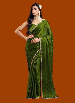 Croza Solid/Plain Chanderi Chiffon, Tussar Silk Saree(Green)