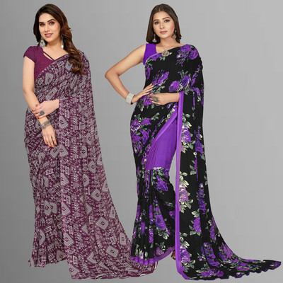 kashvi sarees Floral Print, Polka Print, Ombre, Printed Bollywood Georgette Saree(Pack of 2, Purple, Black)