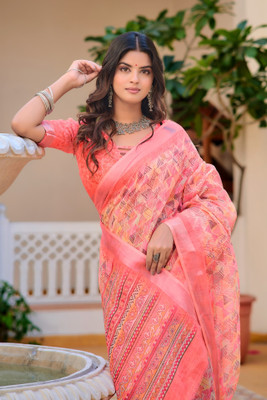 Vinayak Textile Printed Bollywood Linen Saree(Orange)