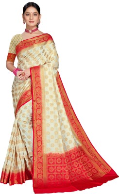 M.S.RETAIL Self Design Banarasi Silk Blend Saree(Red, Cream)