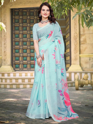 Tasrika Digital Print Chinnalapattu Cotton Linen Saree(Light Blue)