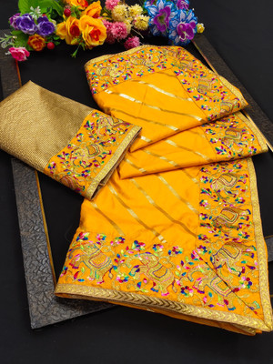 DRIZOMIZ Embroidered Bollywood Silk Blend Saree(Yellow)