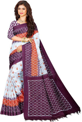 Joyguru Textile Printed Sambalpuri Pure Cotton Saree(White)
