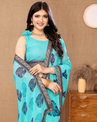YASHIKA Printed Bollywood Georgette, Lace Saree(Blue)