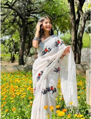 siddhifashion Embroidered Daily Wear Linen Saree(White)