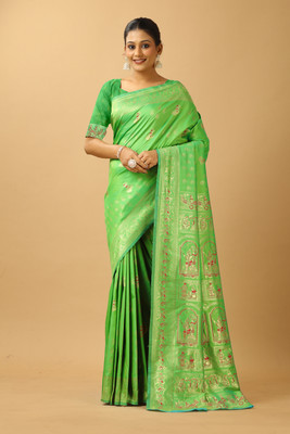 Ratnavali Woven Baluchari Silk Blend, Art Silk Saree(Light Green)