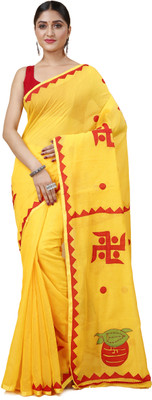 Ruuprekha Embroidered Handloom Cotton Blend Saree(Yellow)