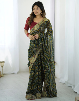 Samah Embroidered Bollywood Georgette, Lace Saree(Dark Green)
