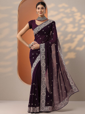 LIBAS Embroidered Daily Wear Georgette Saree(Purple)