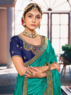 Divastri Embellished Bollywood Silk Blend Saree(Blue)