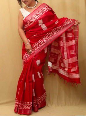 Luxury Silk Printed Hand Batik Handloom Cotton Blend Saree(Red)