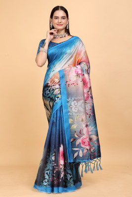 Pranamita Floral Print Bollywood Silk Blend Saree(Light Blue)