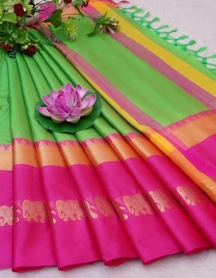 MoonTextile Temple Border Assam Silk Cotton Silk Saree(Light Green)