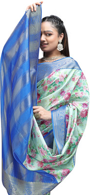 Rashmiwala Digital Print Ikat Crepe Saree(Blue)