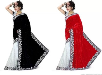 stylevilla Embroidered Bollywood Velvet Saree(Black, Red)