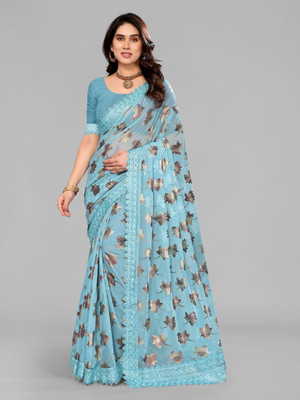 AKFABRICS Floral Print Bollywood Lycra Blend Saree(Light Blue)