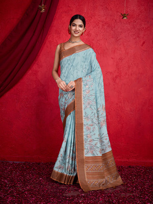 RekhaManiyar Printed Bollywood Silk Blend Saree(Light Blue)