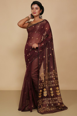 Divastri Checkered Taant Pure Cotton Saree(Brown)
