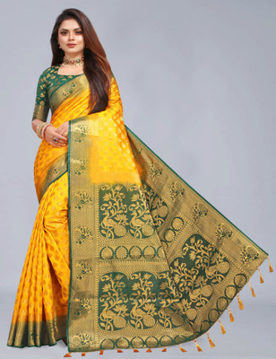 DHRUTI TEXTILES Self Design Banarasi Cotton Silk Saree(Multicolor)