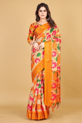 SMARTLOOKS Digital Print, Printed Kalamkari Cotton Silk, Jacquard Saree(Yellow)