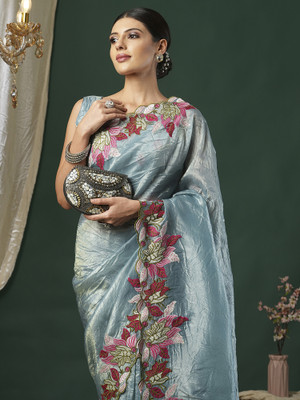 ANOUK Embroidered Bollywood Tissue Saree(Light Blue)