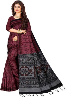 DUGGE FASHION Printed Sambalpuri Cotton Blend Saree(Maroon)