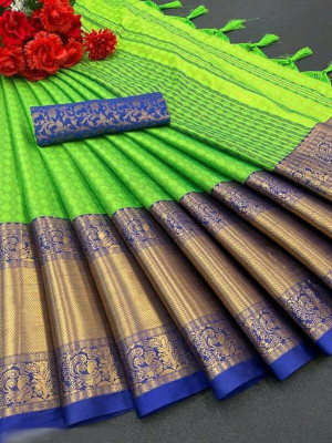 KanjiQueen Self Design Narayanpet Pure Silk, Cotton Silk Saree(Green, Gold)