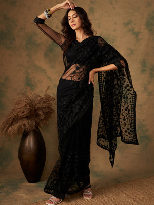 Sangria Embroidered Kalamkari Net Saree(Pack of 2, Black)